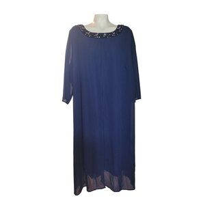 Elegant Navy‎ Blue Beaded Neckline Maxi Dress Formal Party Gown